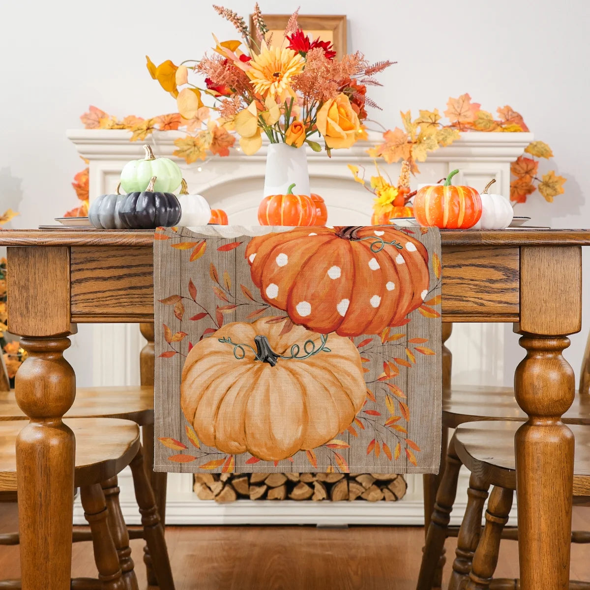 Fall Table Runner, Pumpkins Leaf Fall Decor Home Indoor Tableware, 13X72 Inch, Polyester