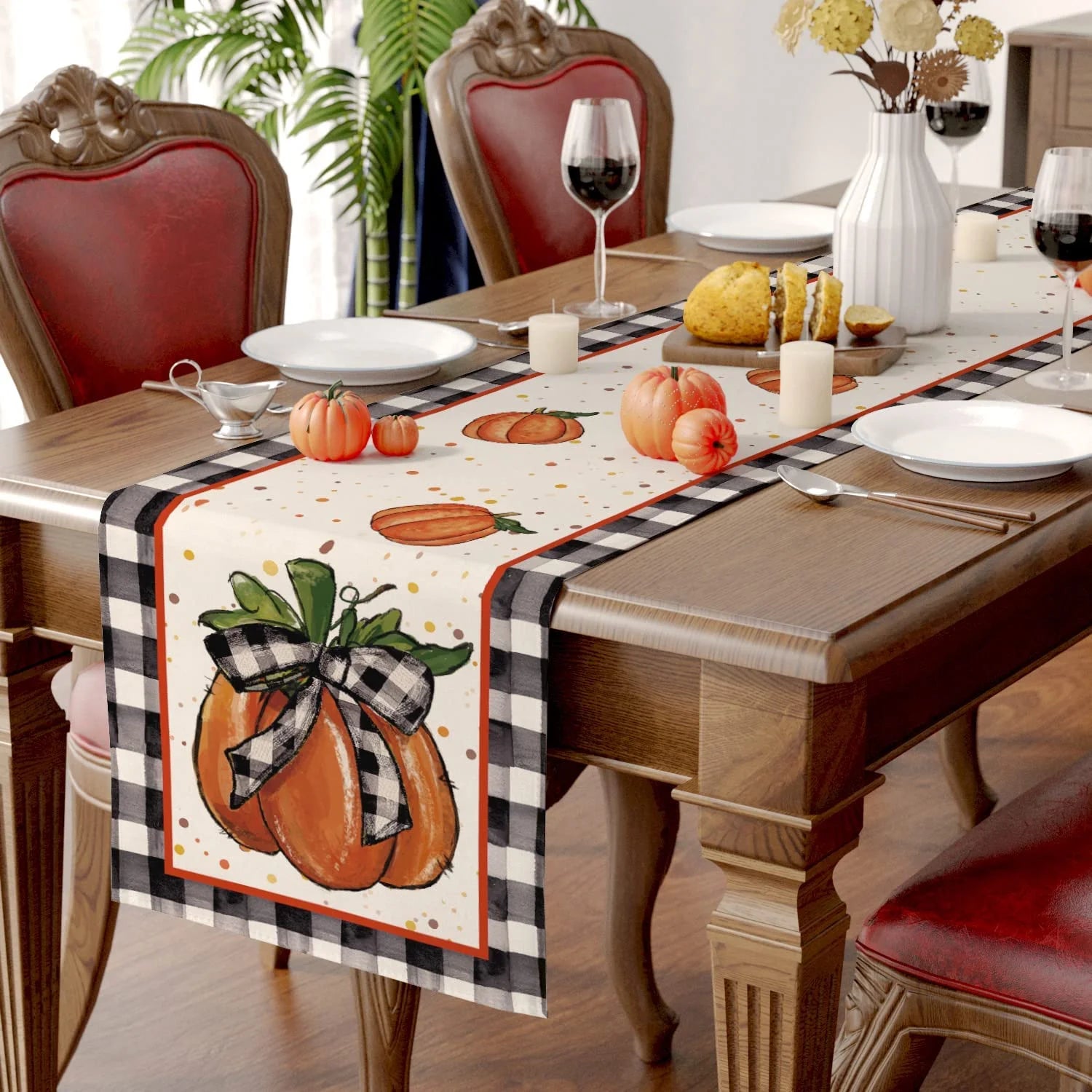Fall Decor Thanksgiving Table Runner, Pumpkin Fall Leaves Kitchen Decor Linen Burlap Table Runner for Table Seasonal Fall Thanksgiving Holiday Decor Harvest Table Decor (13" X 70")