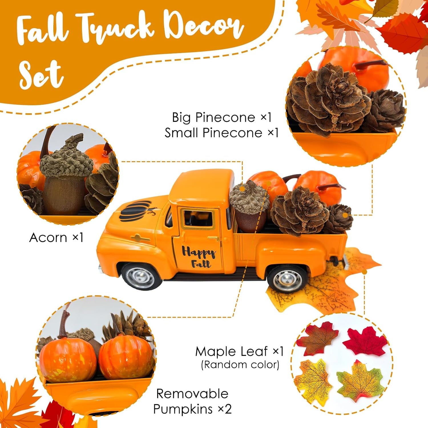 Vintage Metal Truck with Mini Pumpkins and Acorns for Fall Decor