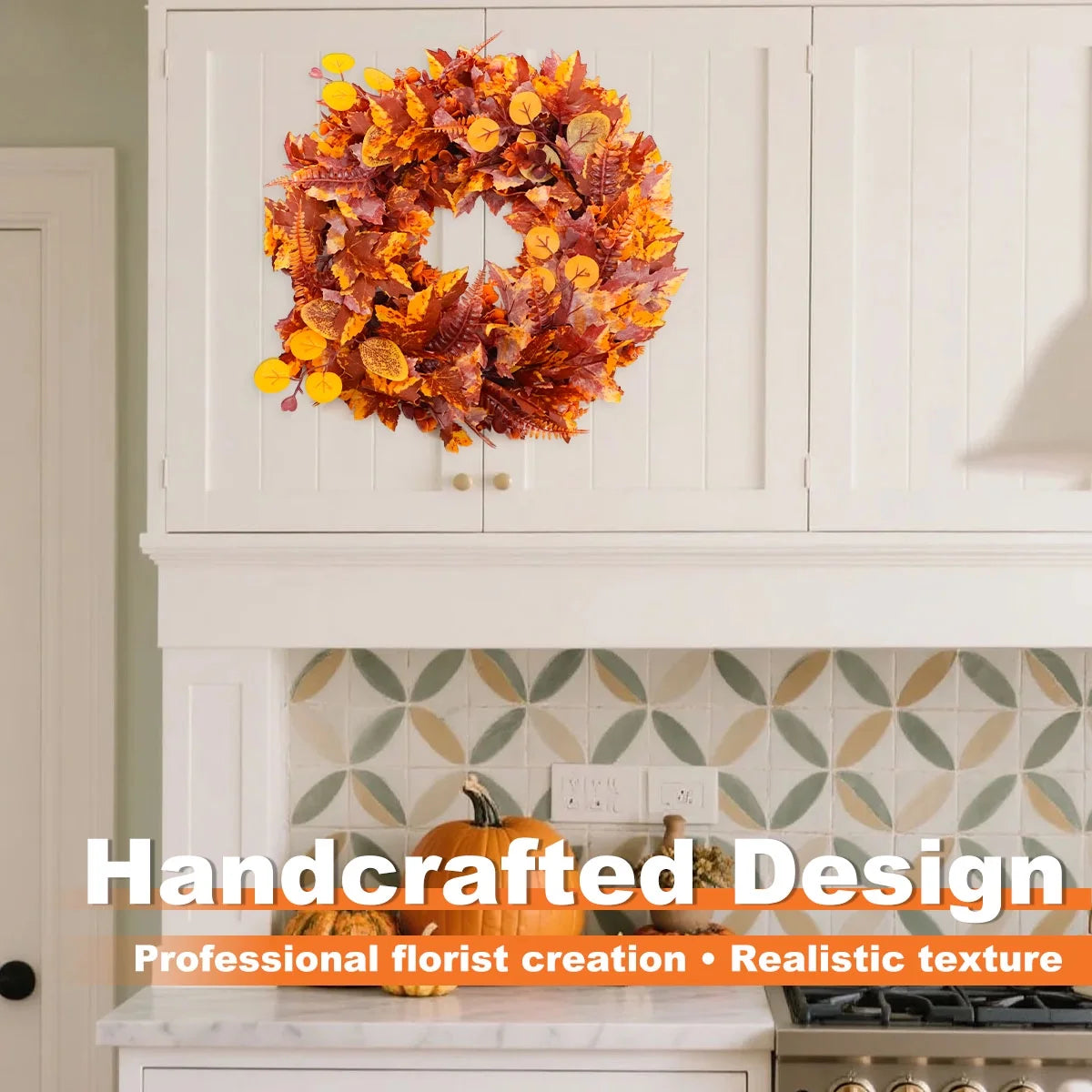 Fall Wreath Decoration Thanksgiving Front Door Decor Artificial Rustic Leaf Wreath Farmhouse Pumpkin Sunflower Home Wall Window Festival Wedding Décor 16.9" Design 5