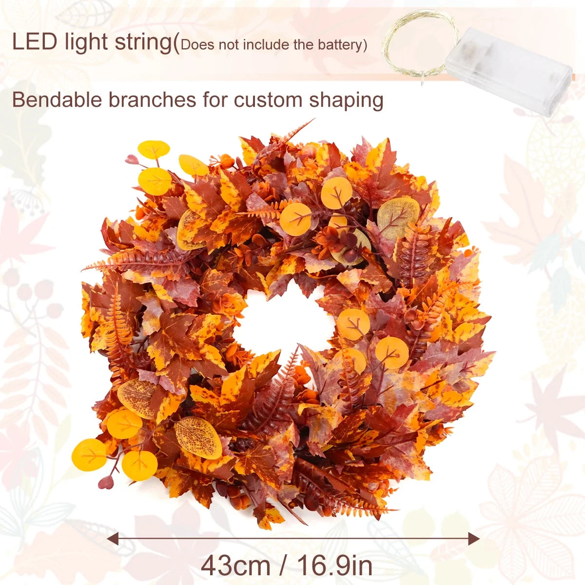 Fall Wreath Decoration Thanksgiving Front Door Decor Artificial Rustic Leaf Wreath Farmhouse Pumpkin Sunflower Home Wall Window Festival Wedding Décor 16.9" Design 5