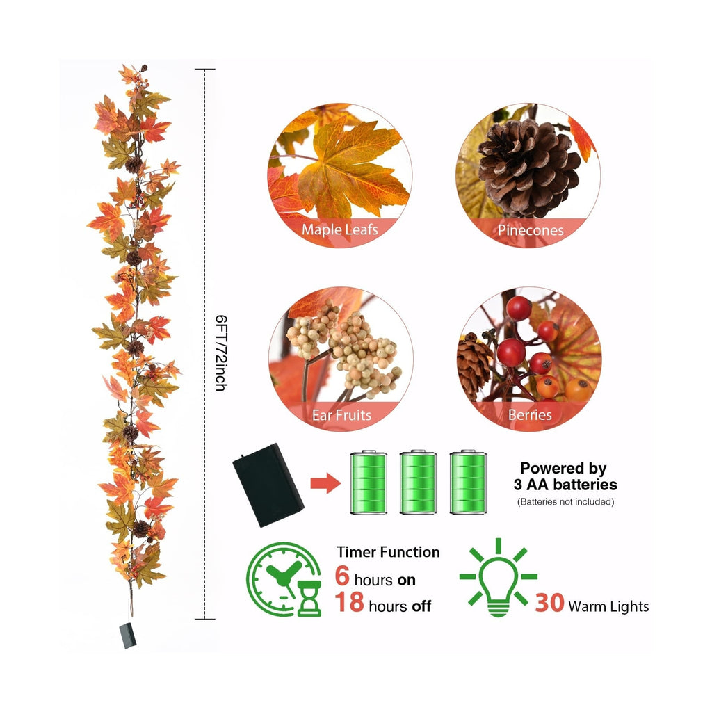 Artgar Fall Maple Leaf Garland, 6 Ft Fall Decor Garland with Pine Cones Berri...