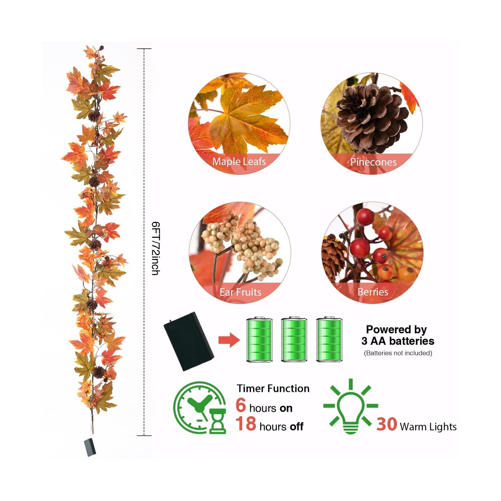 Artgar Fall Maple Leaf Garland, 6 Ft Fall Decor Garland with Pine Cones Berri...