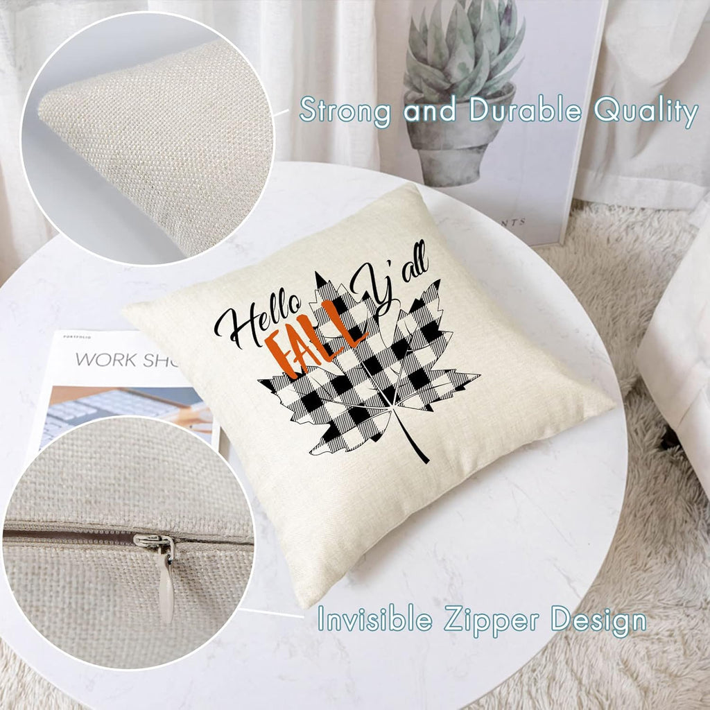 Fall Throw Pillow Covers 20X20 Set of 4 Thanksgiving Pillow Covers Plaid Fall Pumpkin Maple Leaf Cushion Covers Autumn Decorative Pillow Cases for Home Couch Sofa Decorations (20 Inch)