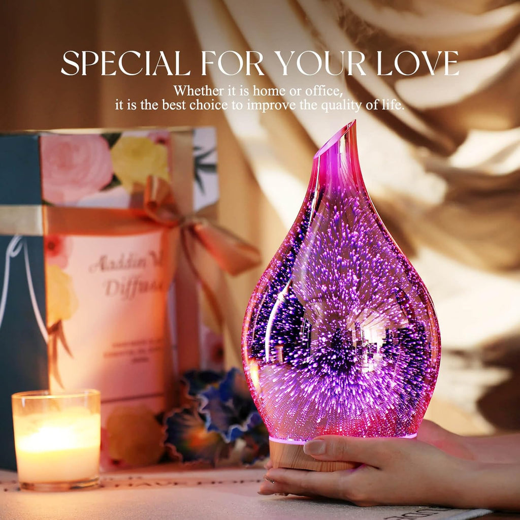 280Ml Essential Oil Diffuser, 3D Glass Aromatherapy Diffusor, Ultrasonic Cool Mist BPA Free Aroma Humidifier with Timer and Color Changing Function, Waterless Shut-Off for Home Office Room