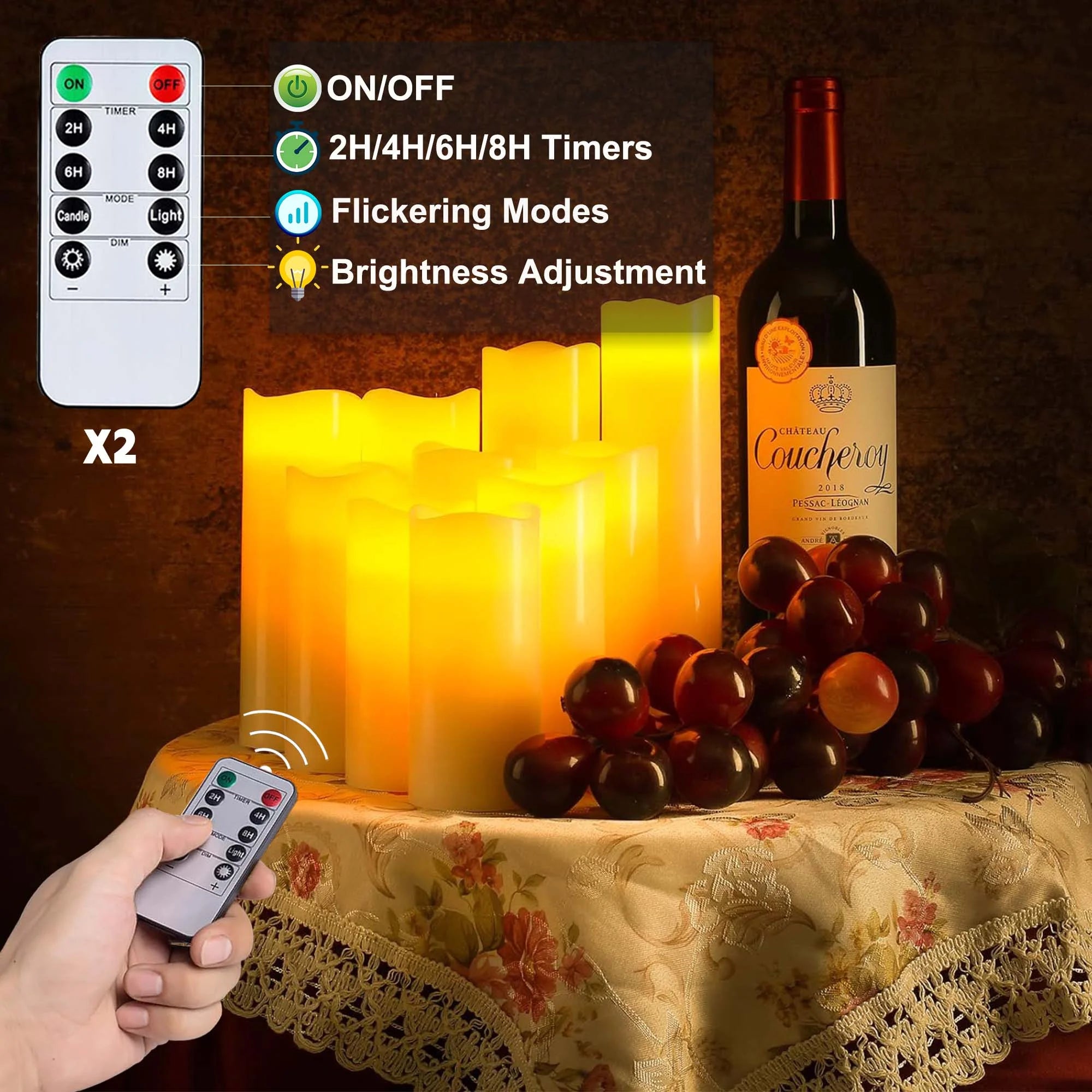 Flameless Ivory Pillar Candles with Remote Control - 9 Pack Large Outdoor LED Battery-Operated Votive Flickering Lights