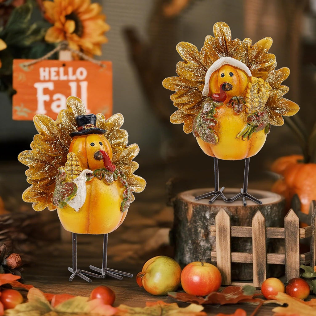Thanksgiving Turkey Figurine, Set of 2 Resin Turkey Fall Tabletop Decorations, Standing Turkey Couple Harvest Decor for Home Table Kitchen