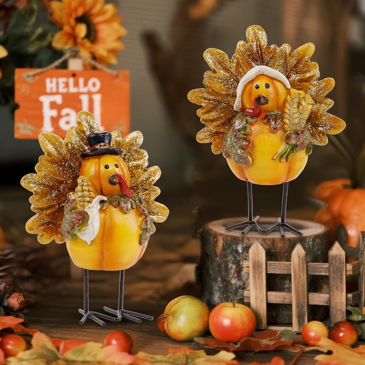 Thanksgiving Turkey Figurine, Set of 2 Resin Turkey Fall Tabletop Decorations, Standing Turkey Couple Harvest Decor for Home Table Kitchen