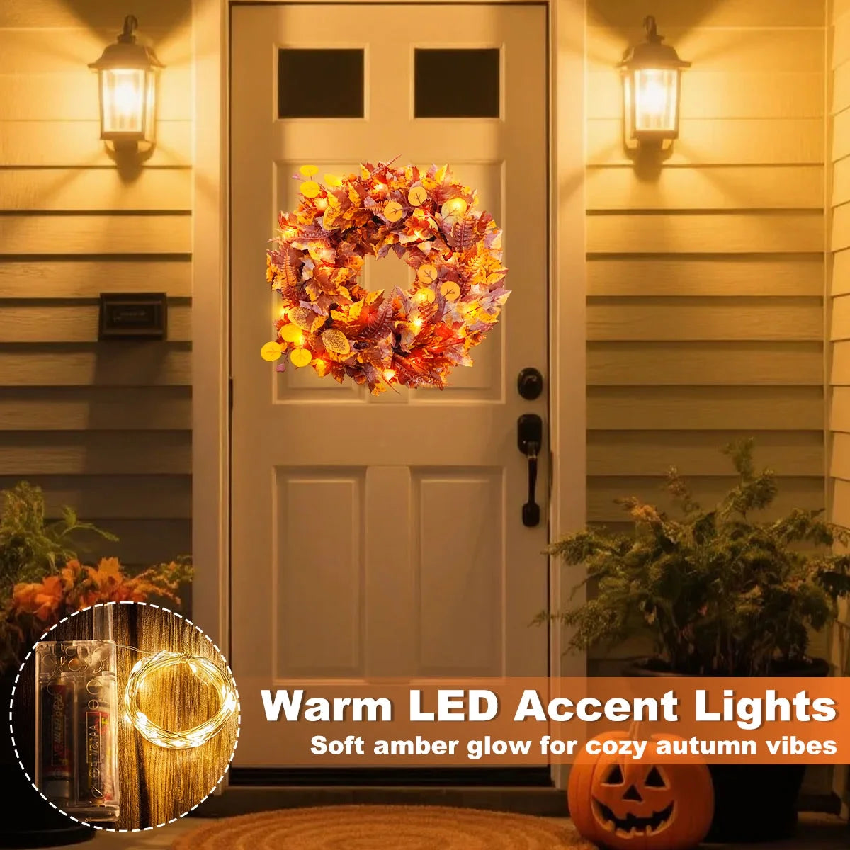 Fall Wreath Decoration Thanksgiving Front Door Decor Artificial Rustic Leaf Wreath Farmhouse Pumpkin Sunflower Home Wall Window Festival Wedding Décor 16.9" Design 5