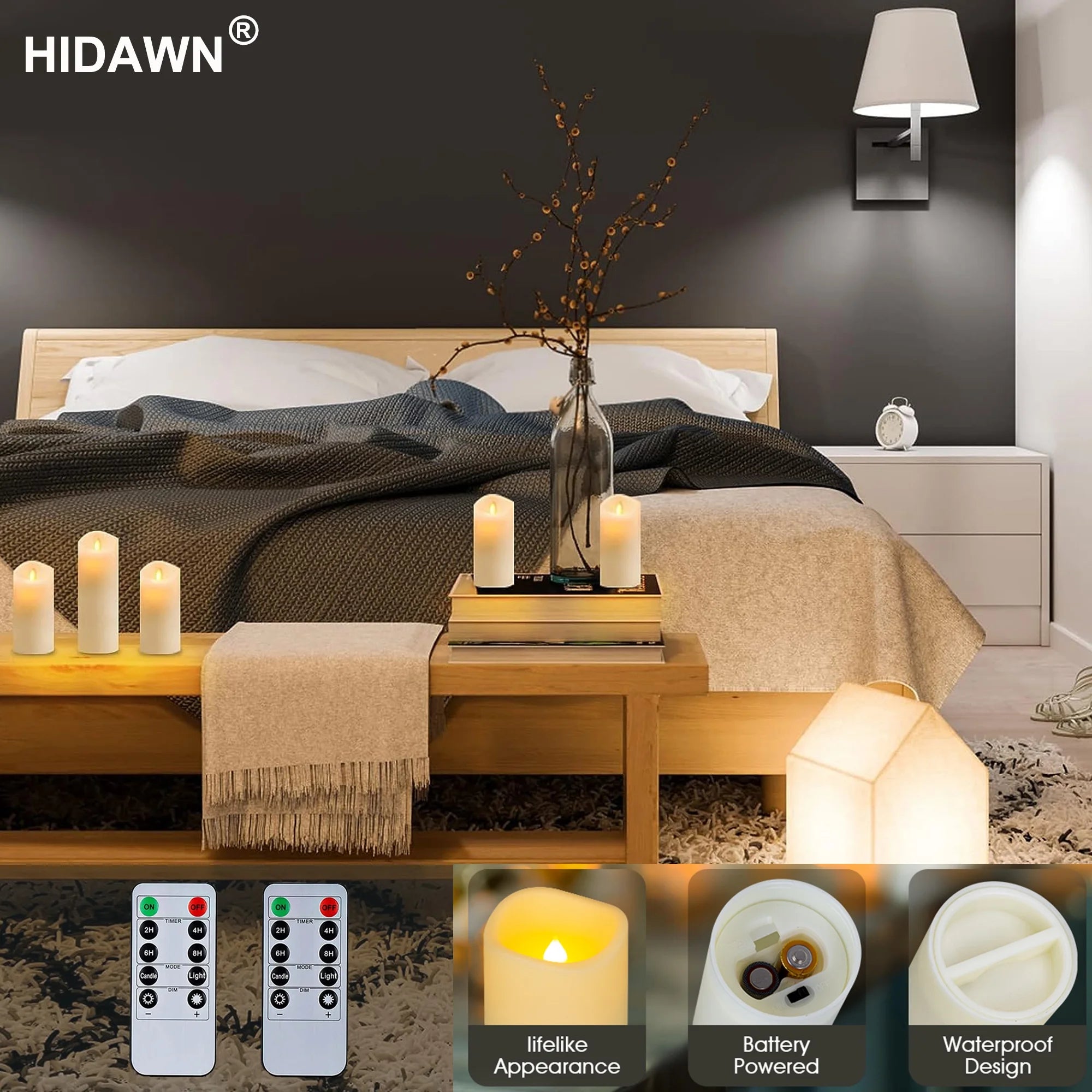 Flameless Ivory Pillar Candles with Remote Control - 9 Pack Large Outdoor LED Battery-Operated Votive Flickering Lights