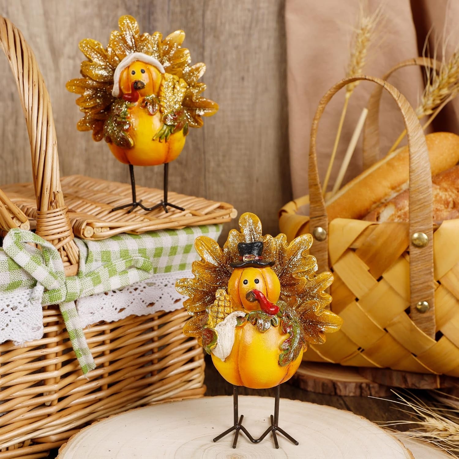 Thanksgiving Turkey Figurine, Set of 2 Resin Turkey Fall Tabletop Decorations, Standing Turkey Couple Harvest Decor for Home Table Kitchen