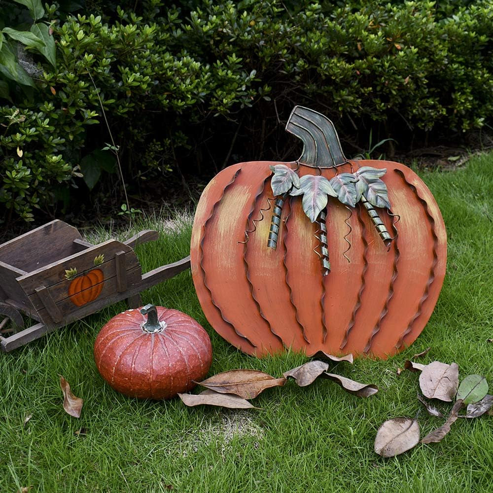 Metal Pumpkin Harvest Fall Decor Thanksgiving Halloween Outdoor Yard Garden Decor Free Standing Pumpkin Decorations for Home (H-18)