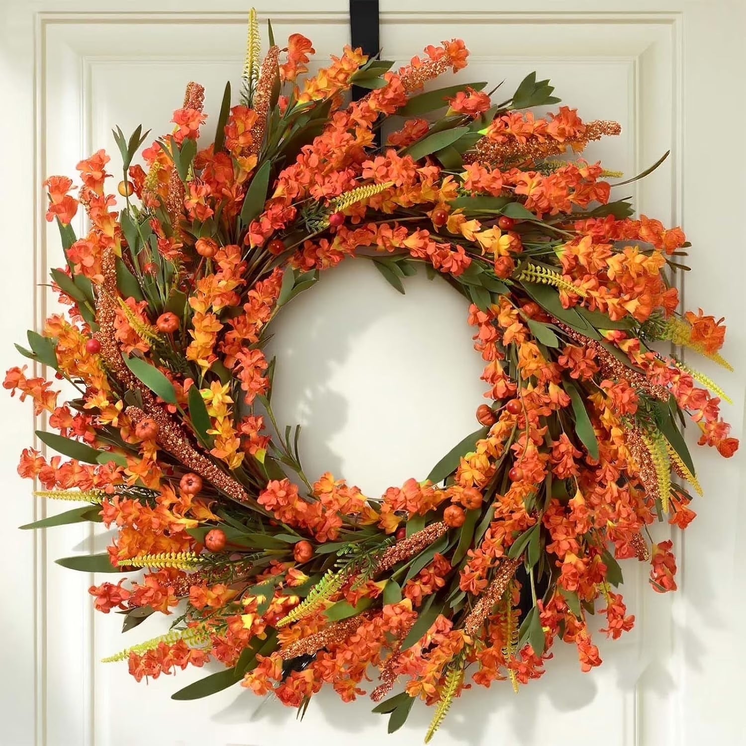 20 Inch Fall Wreaths for Front Door, Autumn Wreath Orange Yellow Fall Leaves Grain Door Wreath Outdoor Indoor Thanksgiving Harvest Fall Decor