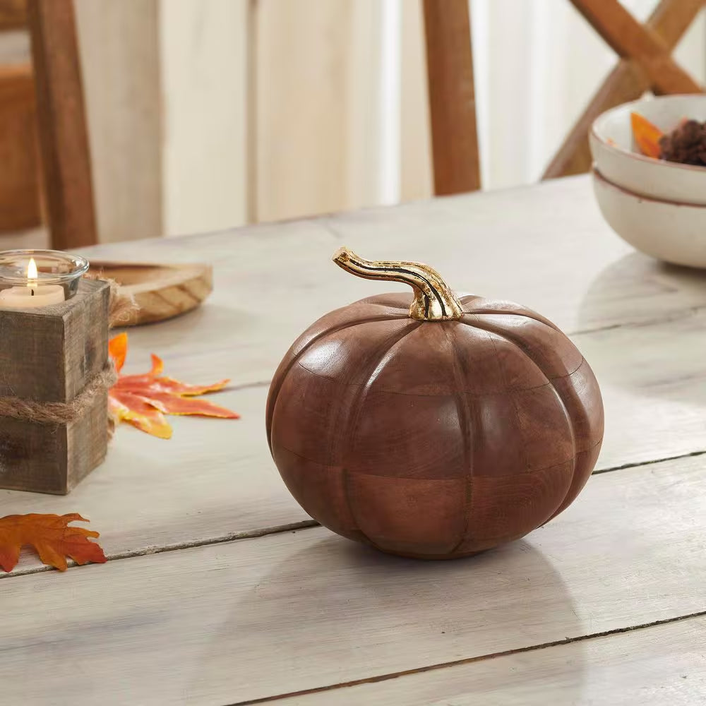 6.5 In. Heirloom Pumpkin Chestnut Decorative Wooden Halloween Pumpkin