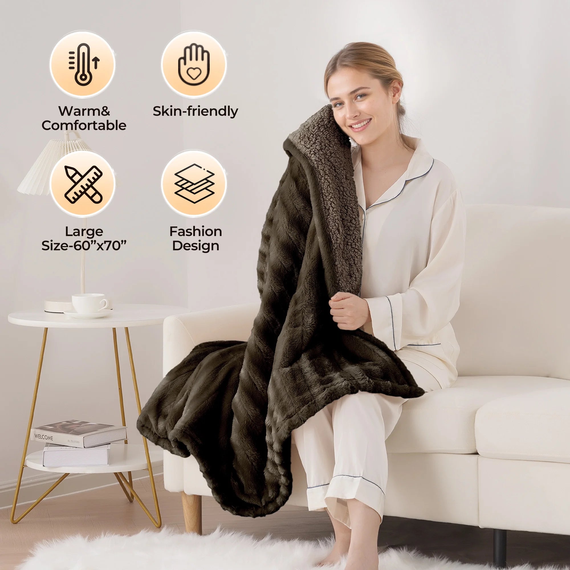 Electric Throw Blanket Extra Large Size, 60" X 70" Soft Faux Fur Heated Throw Blanket, 6 Heating Levels, 4 Hours Timer - Brown