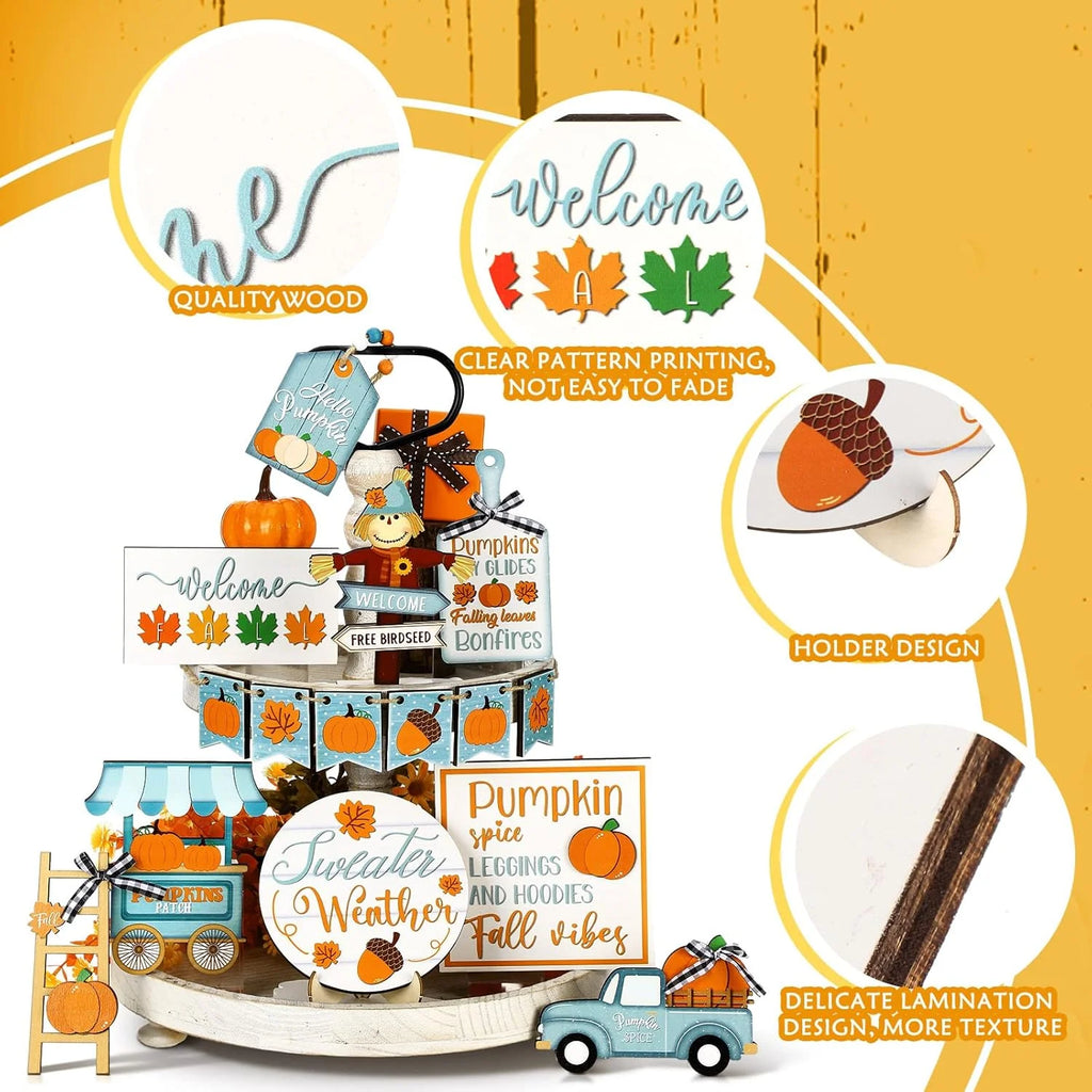 Fall Tiered Tray Decor Thanksgiving Pumpkin Tray Decor Truck Fall Autumn Harvest Wooden Table Decorations Signs for Festival Home Decor