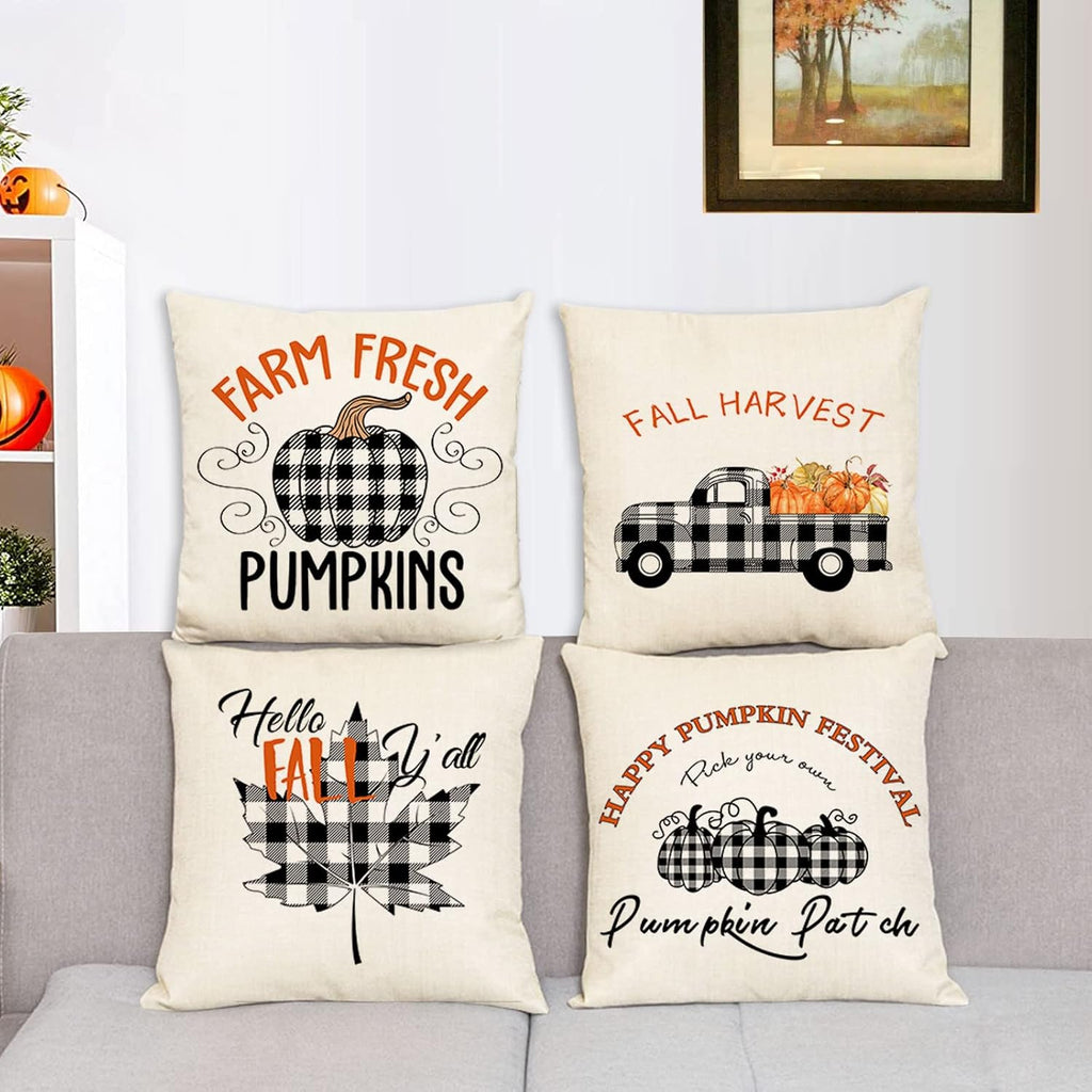 Fall Throw Pillow Covers 20X20 Set of 4 Thanksgiving Pillow Covers Plaid Fall Pumpkin Maple Leaf Cushion Covers Autumn Decorative Pillow Cases for Home Couch Sofa Decorations (20 Inch)