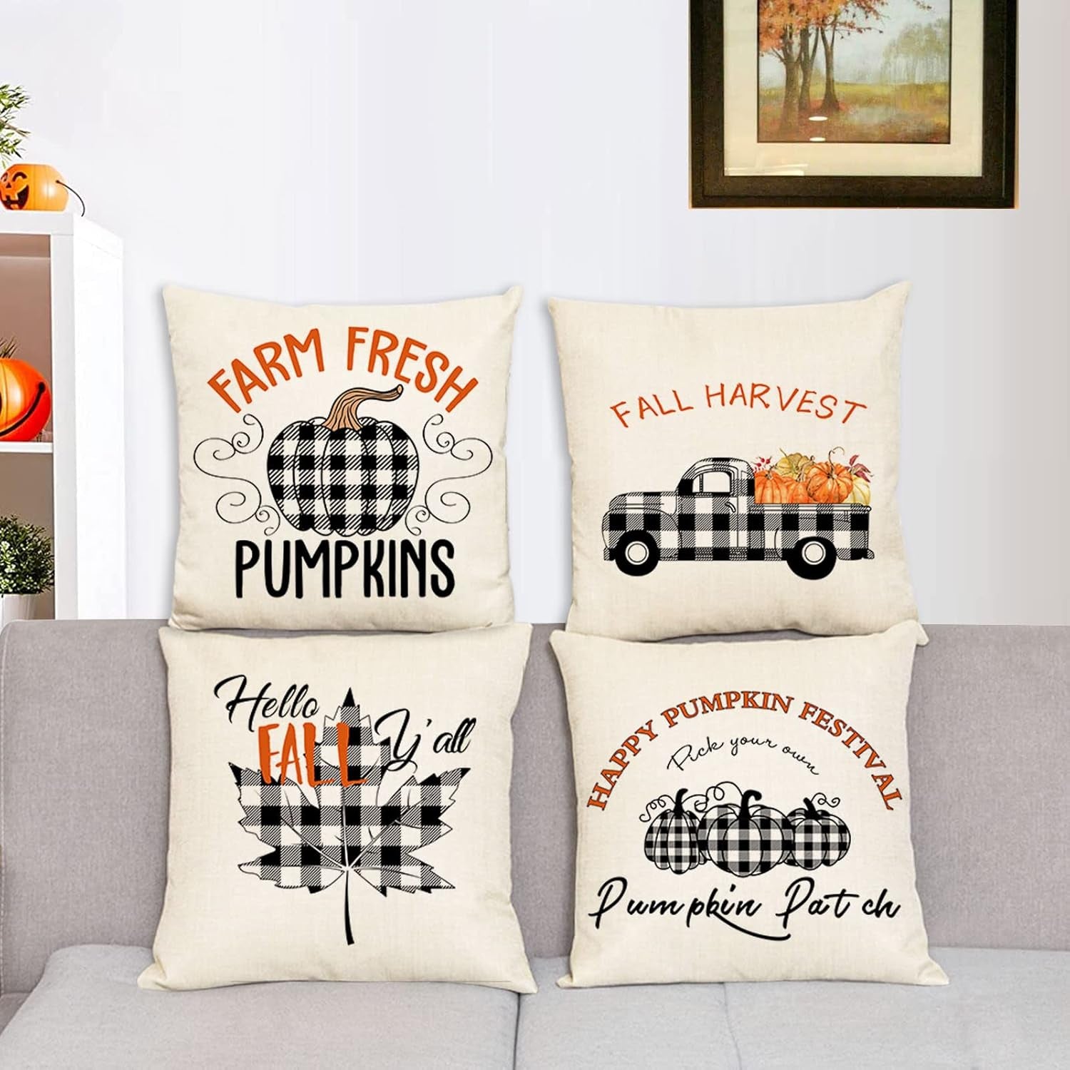 Fall Throw Pillow Covers 20X20 Set of 4 Thanksgiving Pillow Covers Plaid Fall Pumpkin Maple Leaf Cushion Covers Autumn Decorative Pillow Cases for Home Couch Sofa Decorations (20 Inch)