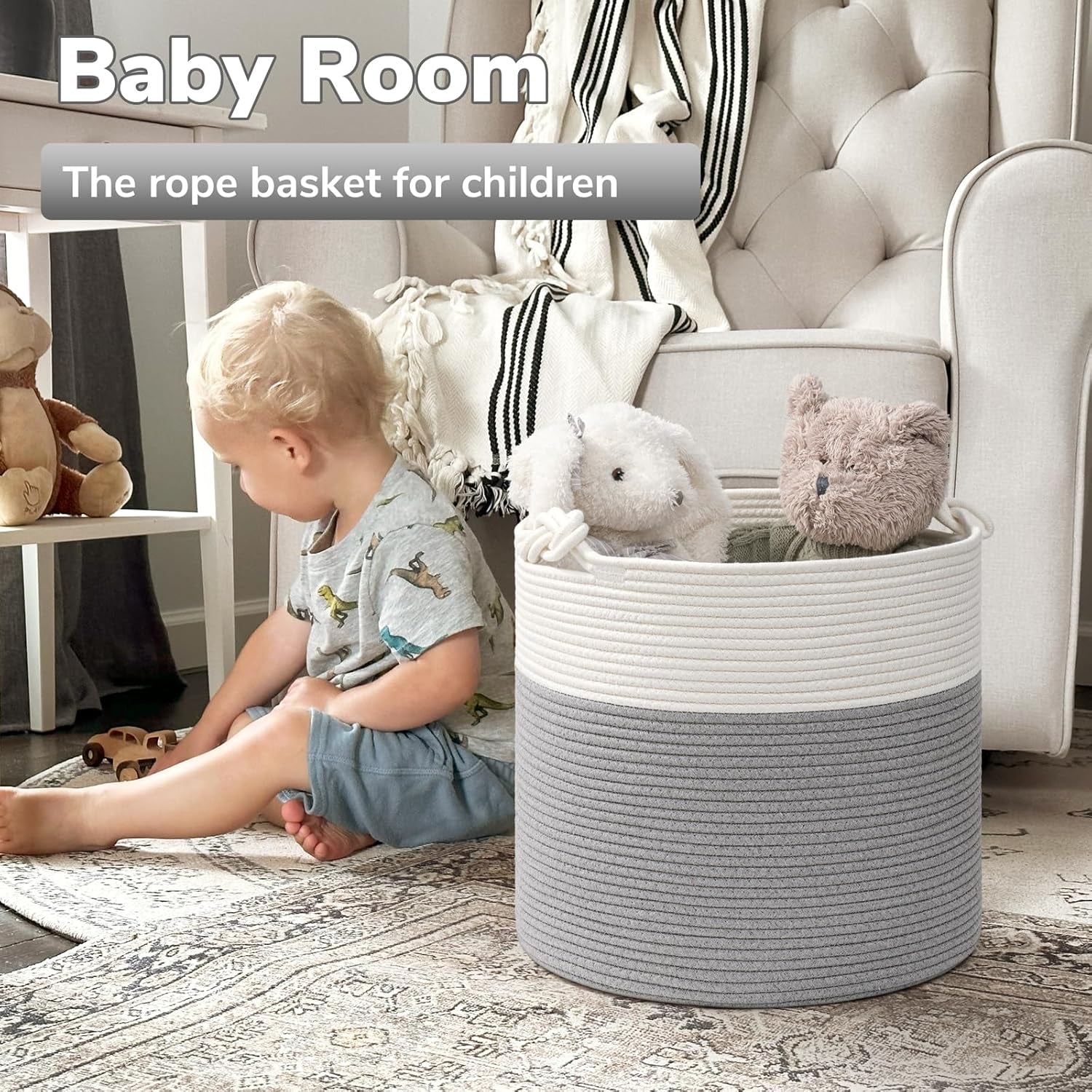 Cotton Rope Storage Basket, 15 X 14.2 Inches Baby Laundry Baskets for Clothes, Toy Storage Blanket Basket with Handles for Living Room, Small Woven Baskets for Organizing Home Décor, Grey