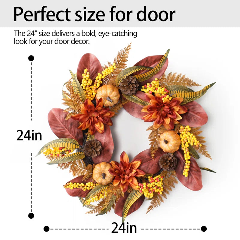 24" Pumpkin & Dahlia Fall Wreath - Autumn Outdoor Fall Decor